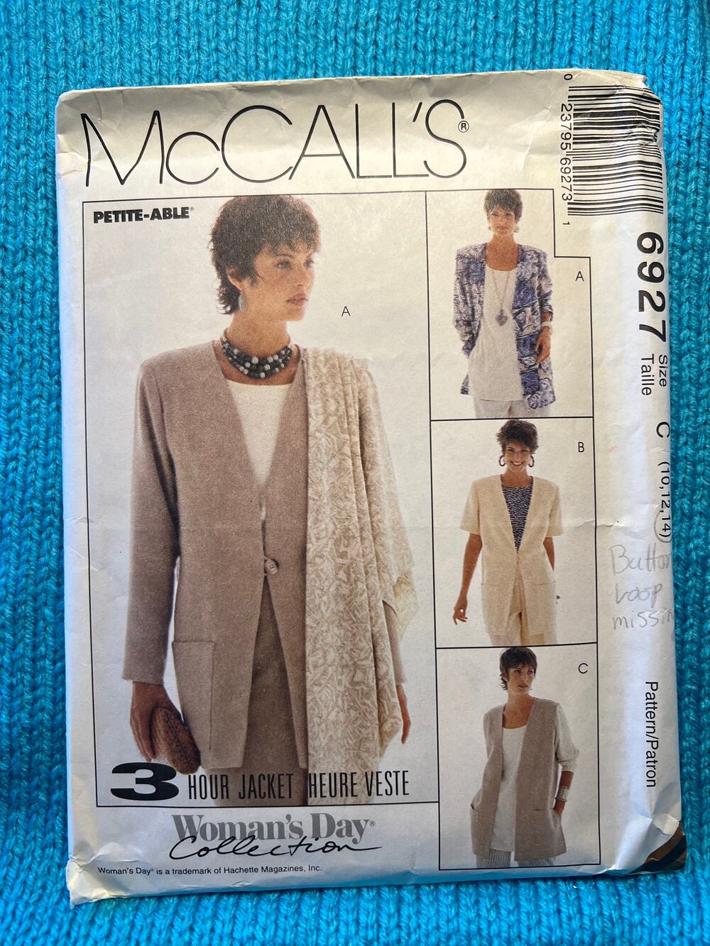 McCalls 6927 boxy blazer boyfriend 1980s pattern size 10 12 14